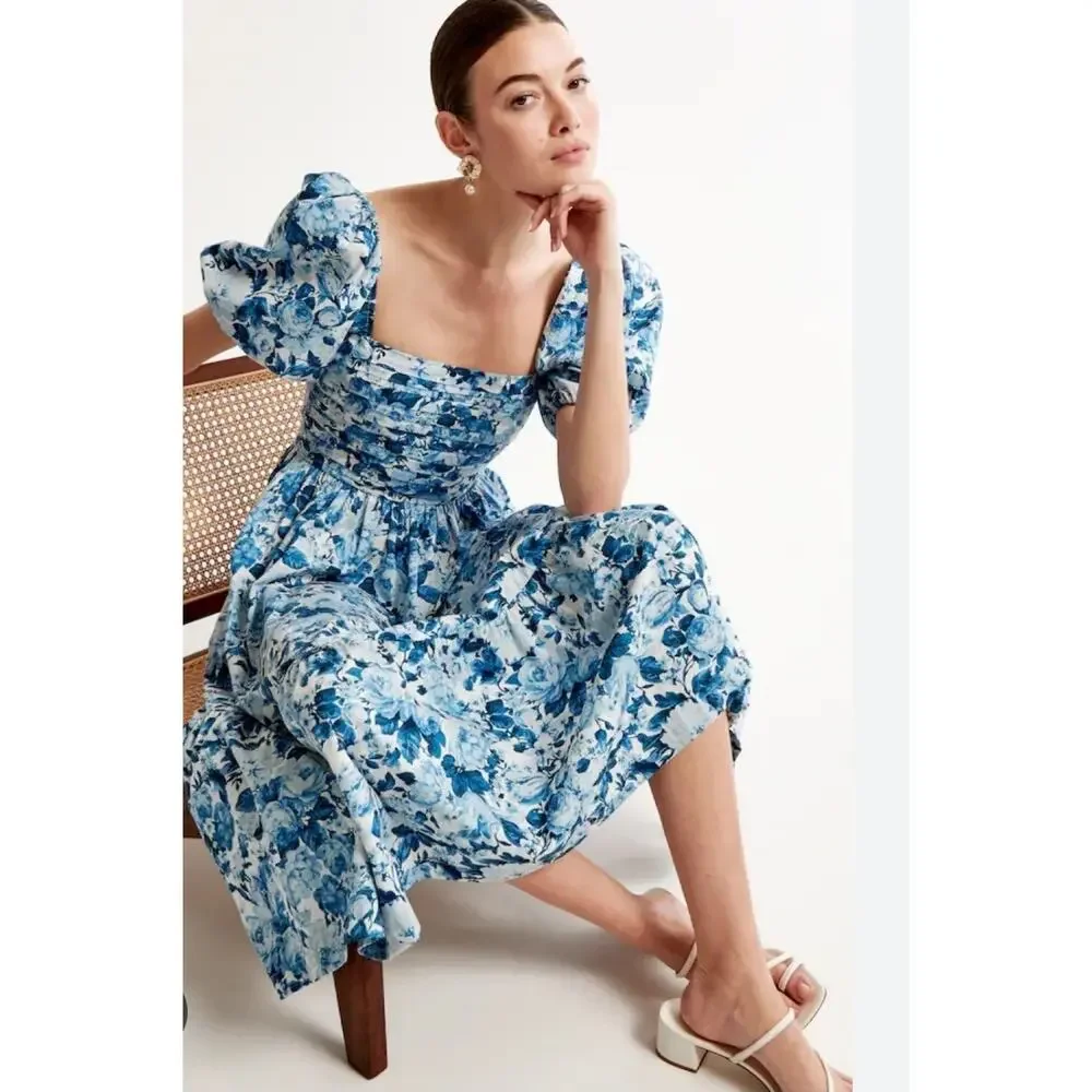 Abercrombie & Fitch Womens Blue Floral Smocked Puff Sleeve Fit & Flare Dress XST